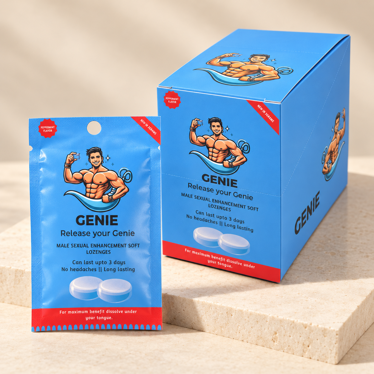 Genie box and sachet on cream stone in a studio setting