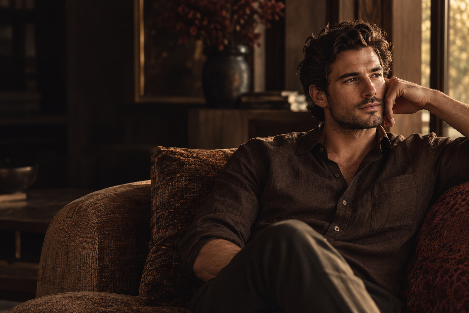 Man relaxing in a warm softly lit interior